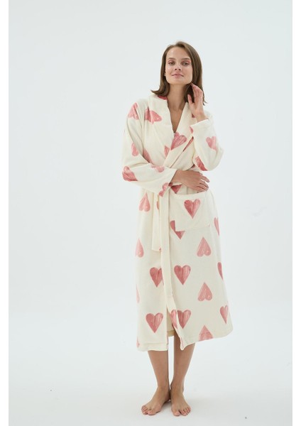 Kadın Kalp Desenli Kuşaklı Polar Krem Uzun Sabahlık C6T8N271