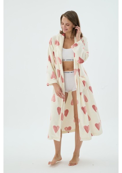 Kadın Kalp Desenli Kuşaklı Polar Krem Uzun Sabahlık C6T8N271 modelleri