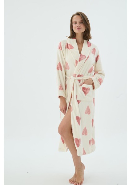 Kadın Kalp Desenli Kuşaklı Polar Krem Uzun Sabahlık C6T8N271 fırsatları