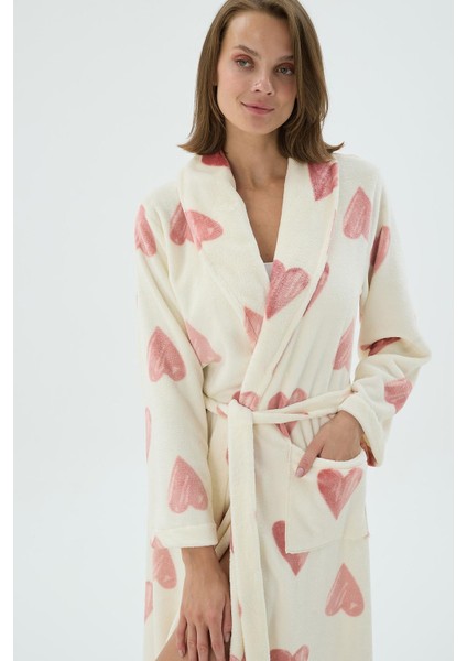 Kadın Kalp Desenli Kuşaklı Polar Krem Uzun Sabahlık C6T8N271 indirimleri