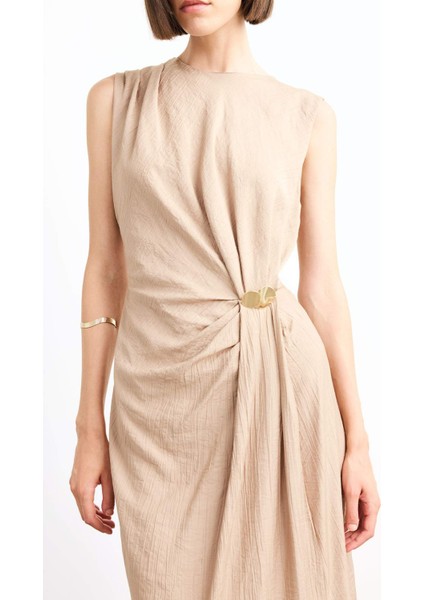 Fitted Toka Detaylı Poplin Kolsuz Yırtmaçlı Midi Elbise G0267AX25SM