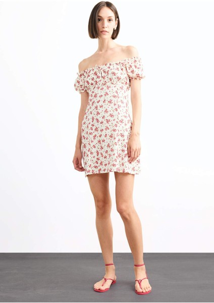 A Kesim Çiçekli Bürümcük Açık Omuzlu Mini Elbise G0281AX25SM