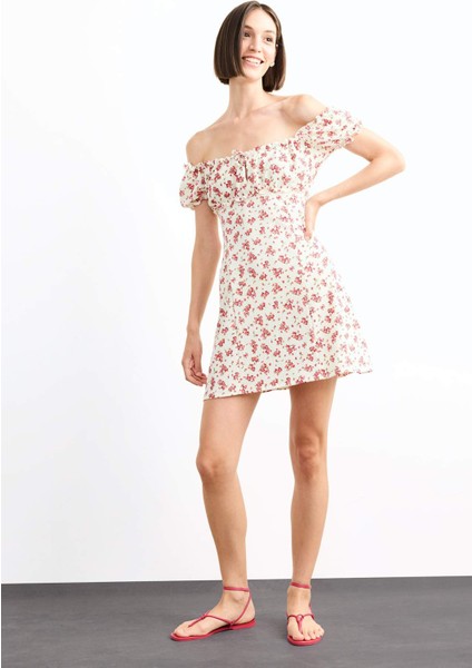 A Kesim Çiçekli Bürümcük Açık Omuzlu Mini Elbise G0281AX25SM