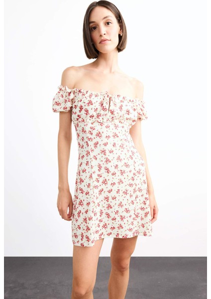A Kesim Çiçekli Bürümcük Açık Omuzlu Mini Elbise G0281AX25SM
