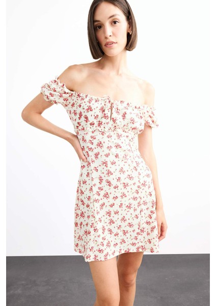A Kesim Çiçekli Bürümcük Açık Omuzlu Mini Elbise G0281AX25SM