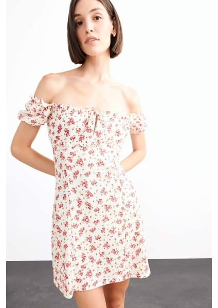 A Kesim Çiçekli Bürümcük Açık Omuzlu Mini Elbise G0281AX25SM