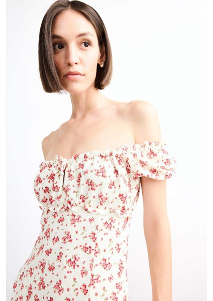 A Kesim Çiçekli Bürümcük Açık Omuzlu Mini Elbise G0281AX25SM