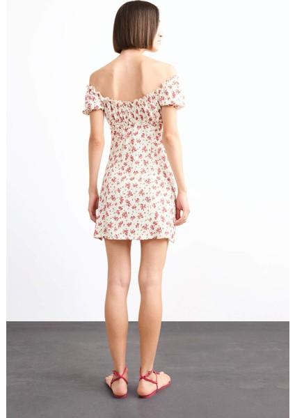 A Kesim Çiçekli Bürümcük Açık Omuzlu Mini Elbise G0281AX25SM