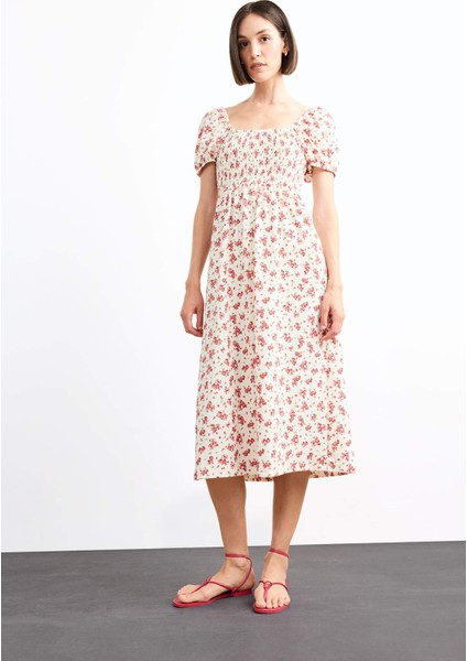 A Kesim Çiçekli Bürümcük Kısa Kollu Midi Elbise G0276AX25SM