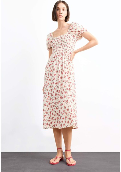 A Kesim Çiçekli Bürümcük Kısa Kollu Midi Elbise G0276AX25SM