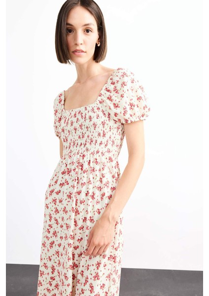 A Kesim Çiçekli Bürümcük Kısa Kollu Midi Elbise G0276AX25SM