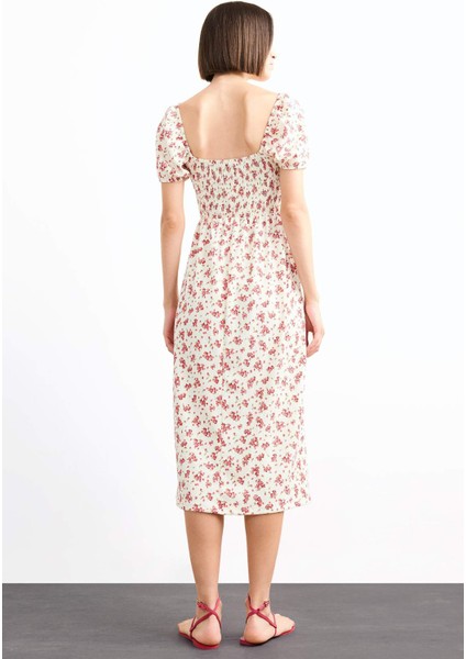 A Kesim Çiçekli Bürümcük Kısa Kollu Midi Elbise G0276AX25SM