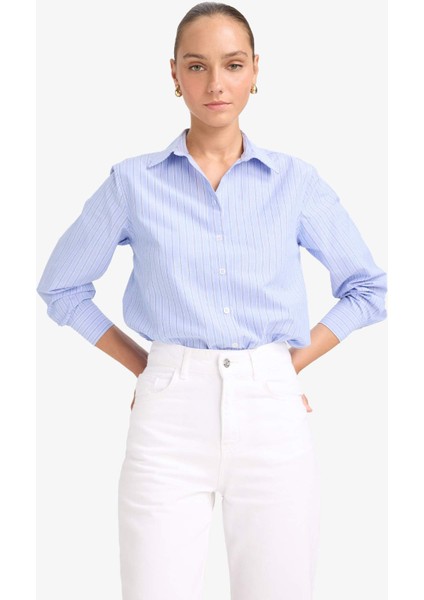 Oversize Geniş Kalıp Çizgili Poplin Uzun Kollu Gömlek G0026AX25AU