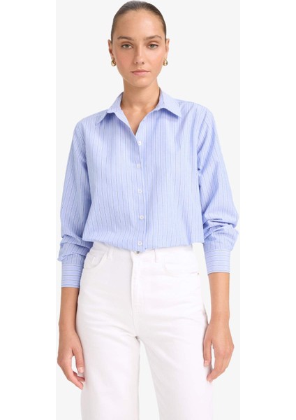 Oversize Geniş Kalıp Çizgili Poplin Uzun Kollu Gömlek G0026AX25AU