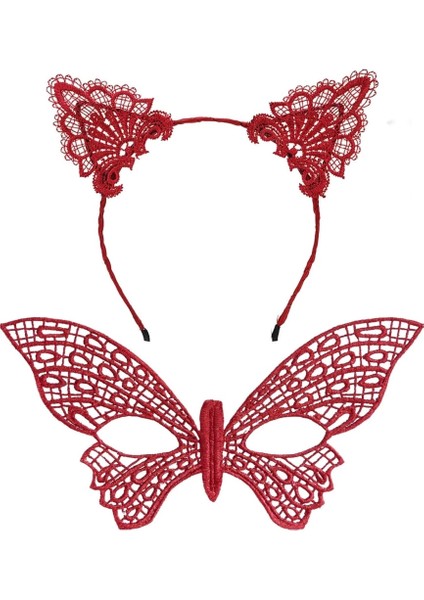 Bfs Gösterişli Kırmızı Dantel Maske ve Taç Seti 7 No – Masquerade ve Davetler Için