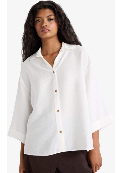 Overshirt Fit Kaçık Yaka Uzun Kollu Gömlek F4767AX25AU