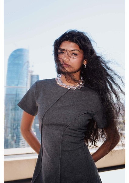 Bisiklet Yaka Kısa Kollu Mini Elbise G0195AX25AU