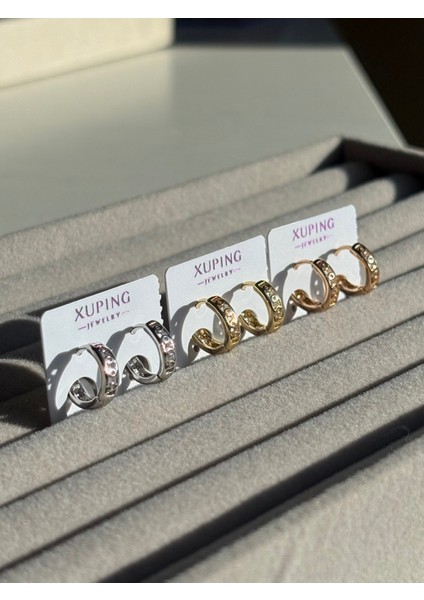 Xuping Çelik Küpe Kadın Silver Gümüş Renk Kabartma Desenli Halka Küpe Riva Model Şık & Modern Tasarm indirimleri