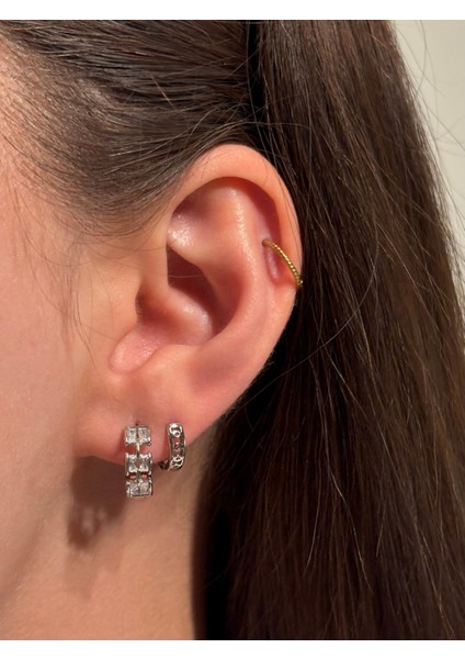 Xuping 2’li Çelik Kadın Küpe Seti Luxe & Rıva Model Işıltılı Zirkon Taşlı Modern Halka Küpe Kombini