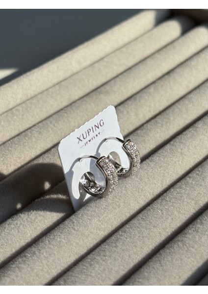 Xuping Çelik Amore Silver Kadın Küpe & Gümüş Renk Taşlı Işıltılı Halka Model Eternal Sunshine