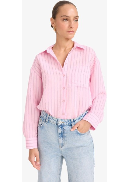 Oversize Geniş Kalıp Çizgili Modal Uzun Kollu Gömlek G0044AX25AU