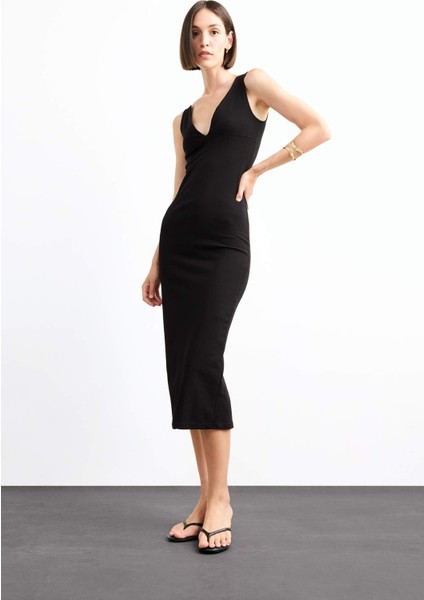 V Yaka Kolsuz Midi Elbise G0390AX25SM