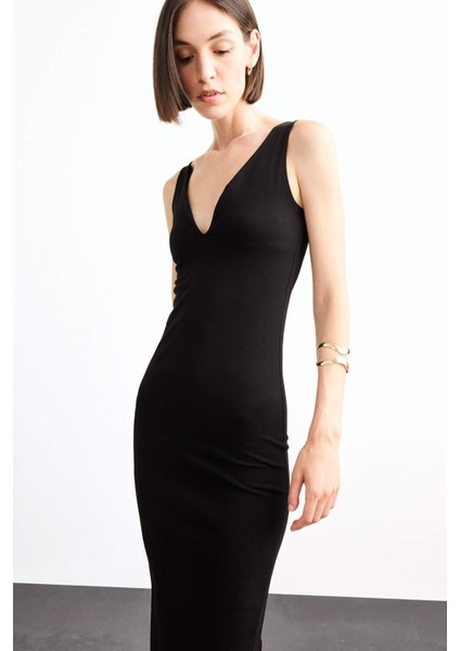 V Yaka Kolsuz Midi Elbise G0390AX25SM