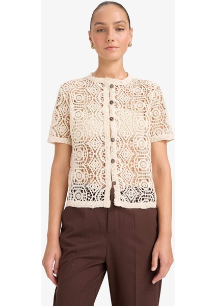 Regular Fit Bisiklet Yaka Brode Kısa Kollu Hırka G0487AX25AU