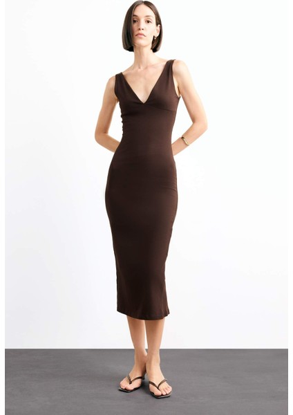 V Yaka Kolsuz Midi Elbise G0390AX25SM