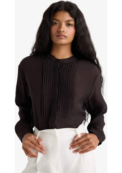 Oversize Geniş Kalıp Hakim Yaka Tensel Uzun Kollu Gömlek F9228AX25WN