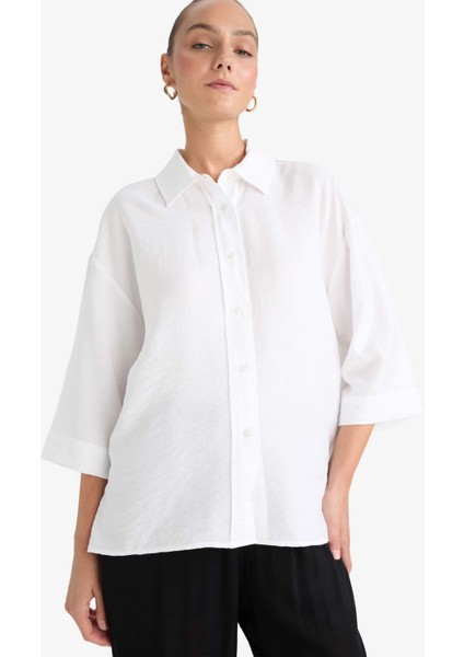 Oversize Geniş Kalıp Krinkıl Kumaş Uzun Kollu Gömlek F2316AX25AU