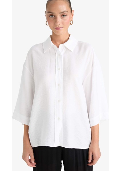 Oversize Geniş Kalıp Krinkıl Kumaş Uzun Kollu Gömlek F2316AX25AU