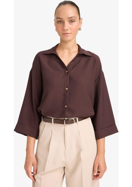 Overshirt Fit Kaçık Yaka Uzun Kollu Gömlek F4767AX25AU