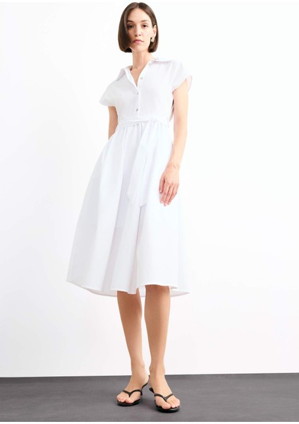 Terry Cotton Kısa Kollu Kemerli Midi Elbise G0392AX25SM