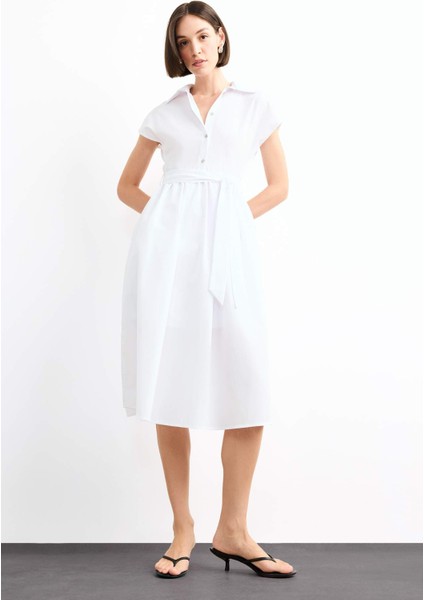 Terry Cotton Kısa Kollu Kemerli Midi Elbise G0392AX25SM
