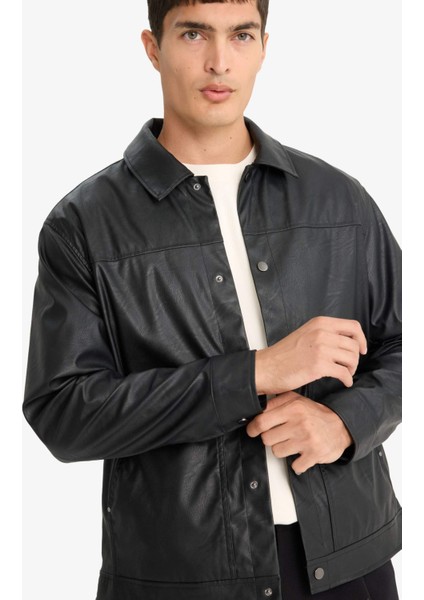Su İtici Regular Fit Çıtçıtlı Suni Deri İç Cepli Ceket Mont F9779AX25WN