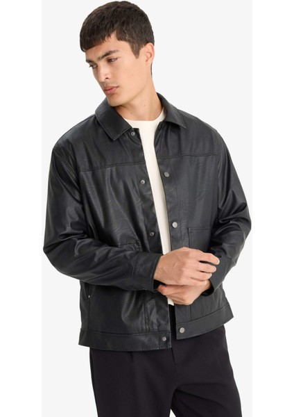 Su İtici Regular Fit Çıtçıtlı Suni Deri İç Cepli Ceket Mont F9779AX25WN