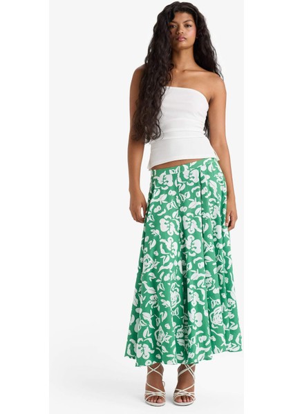 A Kesim Çiçek Desenli Normal Bel Keten Görünümlü Maxi Etek