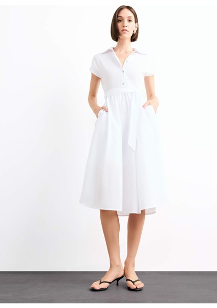 Terry Cotton Kısa Kollu Kemerli Midi Elbise G0392AX25SM