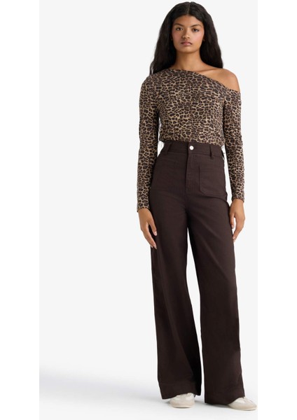 Slim Fit Dar Kesim Tek Omuzlu Leopar Desenli Uzun Kollu Bluz G0290AX25AU