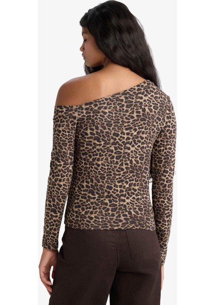 Slim Fit Dar Kesim Tek Omuzlu Leopar Desenli Uzun Kollu Bluz G0290AX25AU