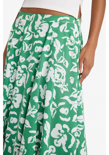 A Kesim Çiçek Desenli Normal Bel Keten Görünümlü Maxi Etek