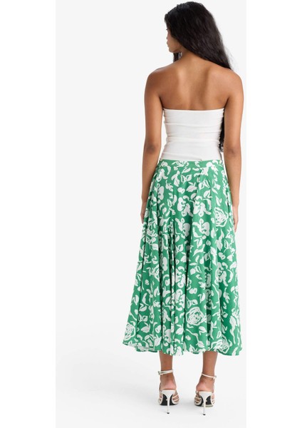 A Kesim Çiçek Desenli Normal Bel Keten Görünümlü Maxi Etek