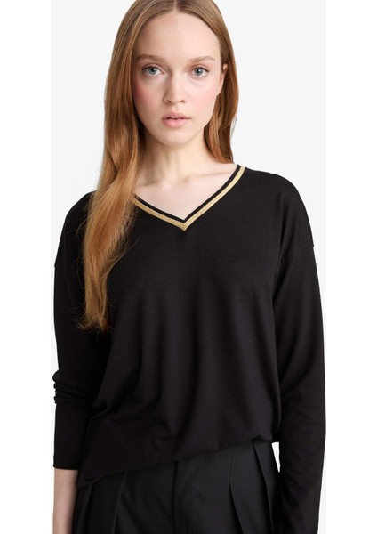 Regular Fit V Yaka Uzun Kollu Tişört G0210AX25AU