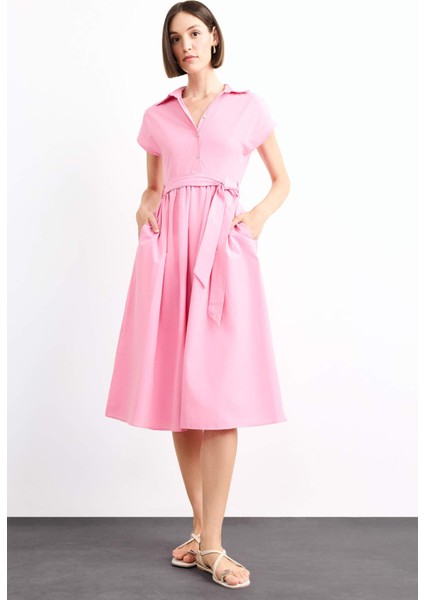 Terry Cotton Kısa Kollu Kemerli Midi Elbise G0392AX25SM