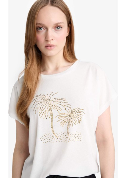 Bisiklet Yaka Taş Baskılı Kısa Kollu Tişört F9593AX25AU