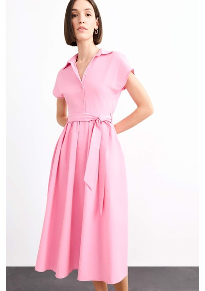 Terry Cotton Kısa Kollu Kemerli Midi Elbise G0392AX25SM