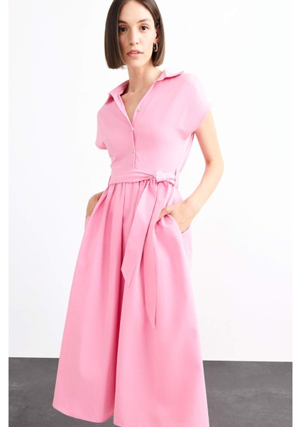 Terry Cotton Kısa Kollu Kemerli Midi Elbise G0392AX25SM