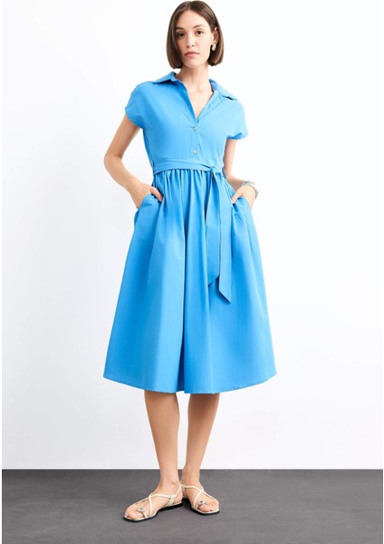 Terry Cotton Kısa Kollu Kemerli Midi Elbise G0392AX25SM