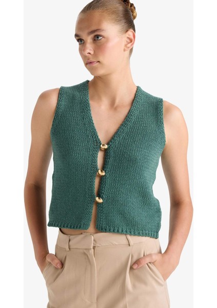 Fitted V Yaka Düğmeli Süveter G0934AX25AU